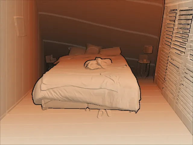 The same photo as a depth map: near things light, far things dark.