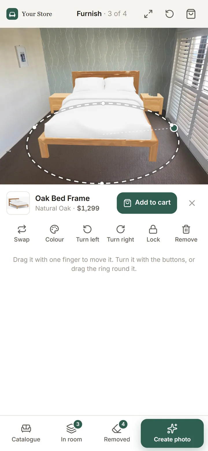 The visualiser on a phone: an oak bed picked, with its price, add to cart, swap, colour and turn buttons.