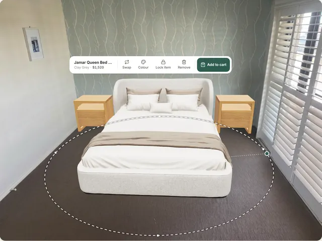 An oak bed frame placed in the cleared room, with its turning ring, price and add-to-cart button.