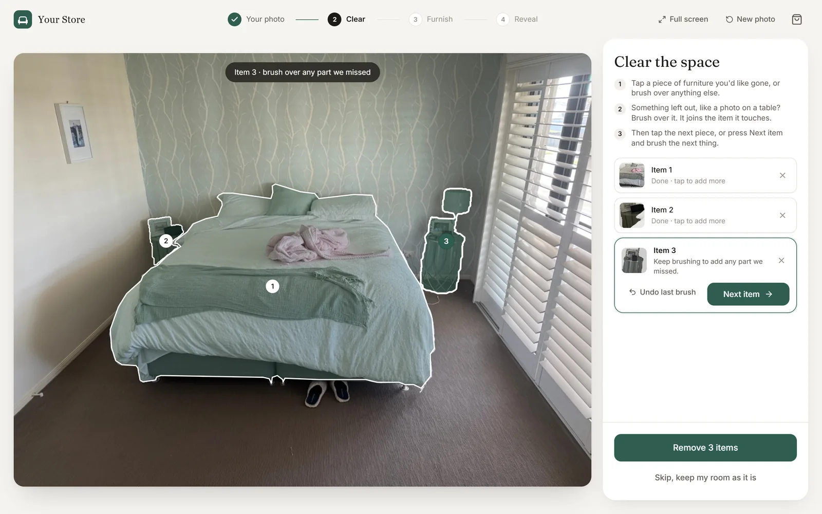 Clearing the room: the bed and a bedside table are picked, outlined and numbered, ready to remove.