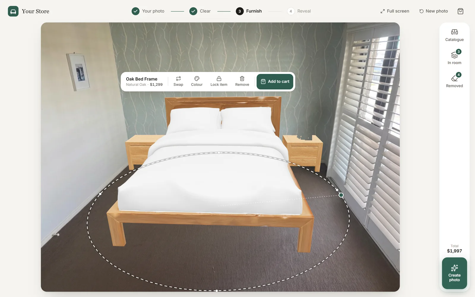 Furnishing the cleared room: an oak bed frame with its turning ring, price and add-to-cart button.