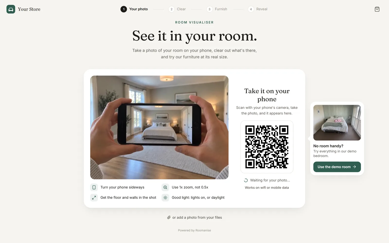 The store's room visualiser: a QR code to take the photo on a phone, and a demo room to try.